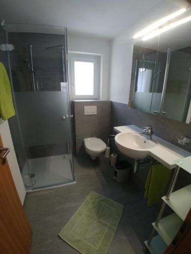 a bathroom with a shower and a sink and a toilet at Haus am See in Tarasp