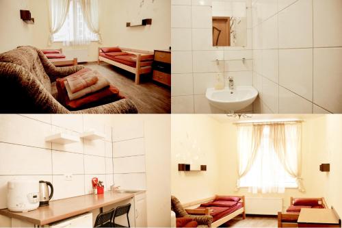 2 images d'une salle de bains et d'une chambre dans l'établissement Doba In Ua Studio Irpin Apartments, à Irpin