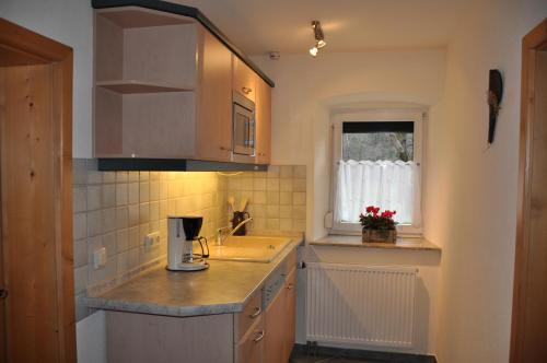 a kitchen with a counter and a sink and a window at Ferienwohnung an der Elbe in Stadt Wehlen