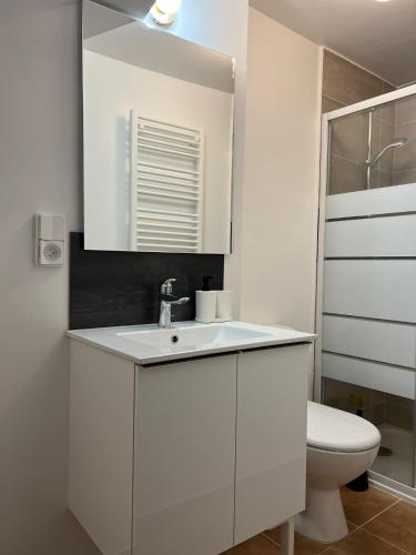 une salle de bain blanche avec un lavabo et des toilettes dans l'établissement THEIA - Limoges Centre, à Limoges