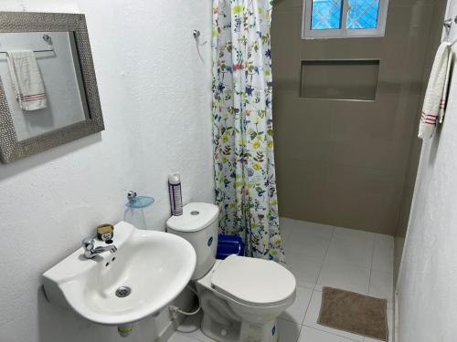 a bathroom with a sink and a toilet and a shower curtain at Cabaña San Jose Beach in Lomarena