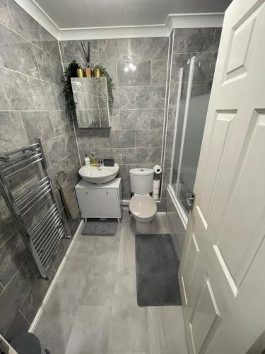 a bathroom with a toilet and a sink and a shower at Hensh Homes in Saint Helens