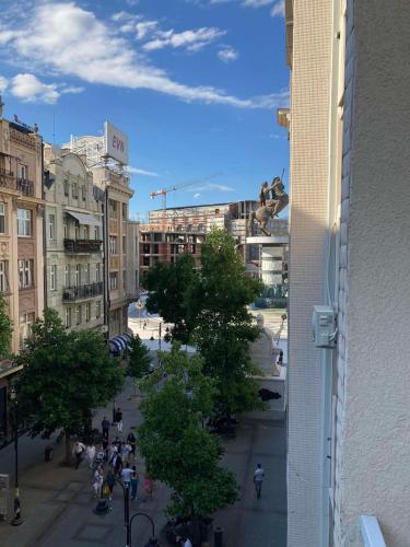 a view of a city street from a building at Skopje Arch Residence in Skopje