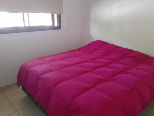 1 cama grande de color púrpura en una habitación con ventana en Excelente departamento en Mendoza en Mendoza