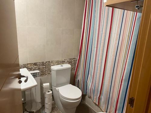 uma casa de banho com um WC e uma cortina de chuveiro em Precioso apartamento en zona residencial em Panticosa