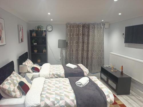 a bedroom with two beds and a tv in it at Newport rental property Furnished studio near train station Free Wifi Parking in Newport