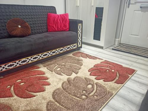 a living room with a couch and a rug at Newport rental property Furnished studio near train station Free Wifi Parking in Newport