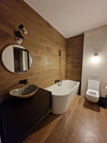 a bathroom with a tub and a sink and a toilet at Vila Carolyne in Predeal