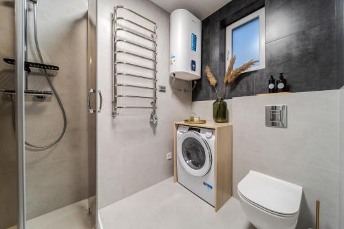 Un baño con inodoro y lavadora. en InshiApartments on Kulisha str, en Leópolis