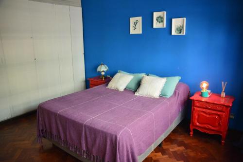 Dormitorio azul con cama con manta morada en Casabunda Multiespacio, habitación privada en el centro en Salta