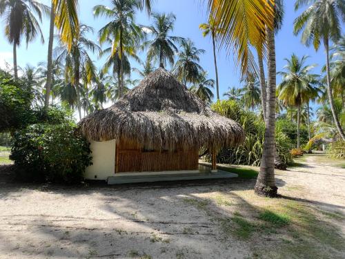 a small hut with a straw roof and a palm tree at Hotel Playa Bonita Tayrona in Buritaca