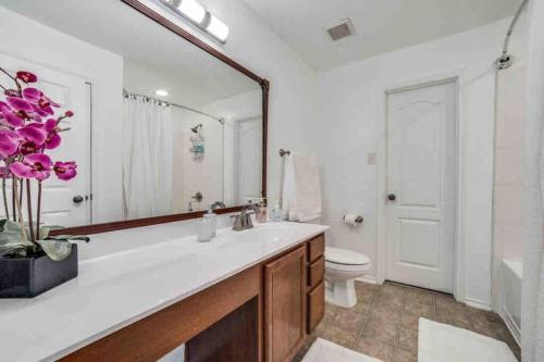 a bathroom with a sink and a toilet and a mirror at Spacious ,Pearl, Dwtn JBSA Ft.Sam ,Randolph,STR in San Antonio