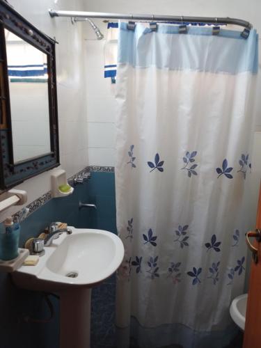 ラ・ボルサにあるLa Guaridaのバスルーム(シンク、シャワーカーテン付)