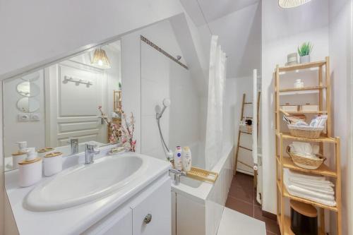 ein weißes Badezimmer mit einem Waschbecken und einem Spiegel in der Unterkunft Duplex les Oiseaux du Verger, au coeur de la ville in Verneuil-sur-Seine