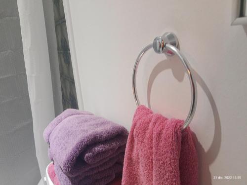 a towel rack with purple and pink towels at Hostal Klein in Puerto Varas