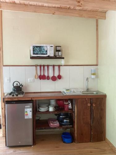 a kitchen with a sink and a microwave on the wall at Bosque Vivo in Recinto