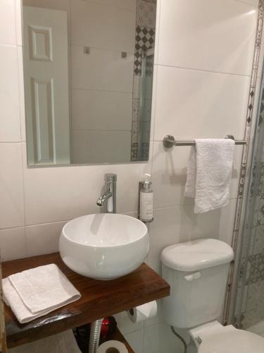 a white bathroom with a sink and a toilet at Bosque Vivo in Recinto