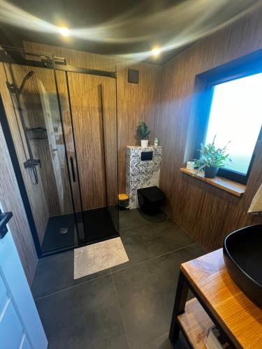 ein Bad mit einer Dusche und einer Glastür in der Unterkunft PETE HOUSE in Ustrzyki Dolne