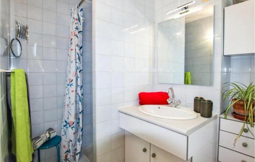 uma casa de banho branca com um lavatório e um espelho em Nice Home In Goult With Private Swimming Pool, Can Be Inside Or Outside em Goult
