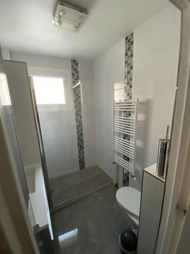 een witte badkamer met een toilet en een raam bij Superbe appartement Vanves T3 avec parking in Vanves