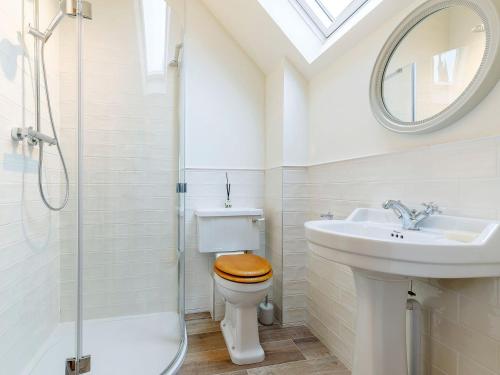 a bathroom with a toilet and a sink and a shower at Summerhill Snug in Naunton