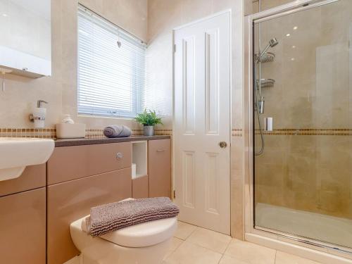 a bathroom with a shower and a toilet and a sink at Court House in Porthcawl
