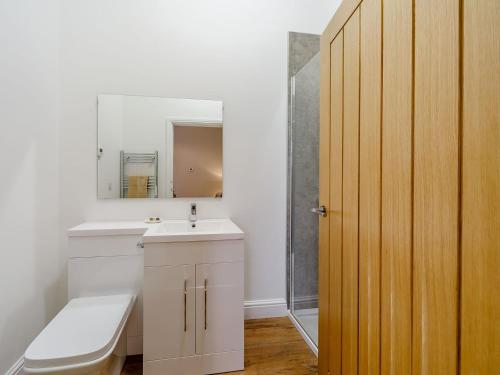 a bathroom with a toilet and a sink and a mirror at Merry Burn Barn - Uk3325 in Falstone