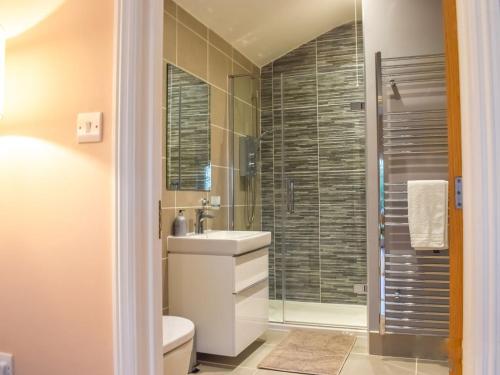 a bathroom with a toilet and a sink and a shower at Camelia Cottage-uk37205 in Sancreed