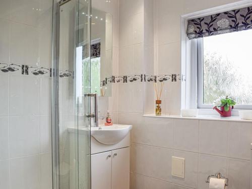 a bathroom with a shower and a sink at Dothan Farm Cottage in Cardenden