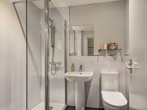 e bagno con servizi igienici, lavandino e doccia. di Boyd Apartment a Largs