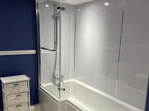 een douche met een glazen deur in de badkamer bij Moor View in Delabole