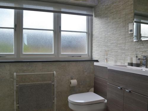 a bathroom with a toilet and a sink and windows at Trezeal Barn in North Hill