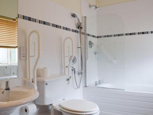 uma casa de banho com um chuveiro, um WC e um lavatório. em Alice Cottage em Thurning