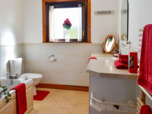 uma casa de banho com um lavatório, um WC e uma janela. em The Smithy Of Longcastle em Whauphill