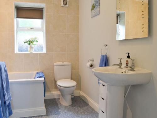 uma casa de banho com um lavatório, um WC e uma banheira e um lavatório. em Bullions Farm Cottage em Edmondbyers