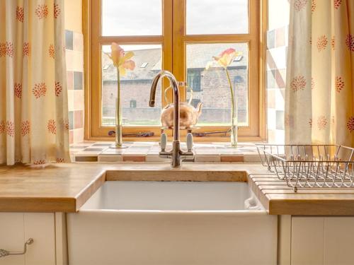 a kitchen sink with a cat sitting in a window at Leonard Barn in Stonehouse