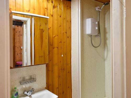 baño con lavabo, espejo y pared de madera en Heron Cottage-uk32944, en Great Salkeld