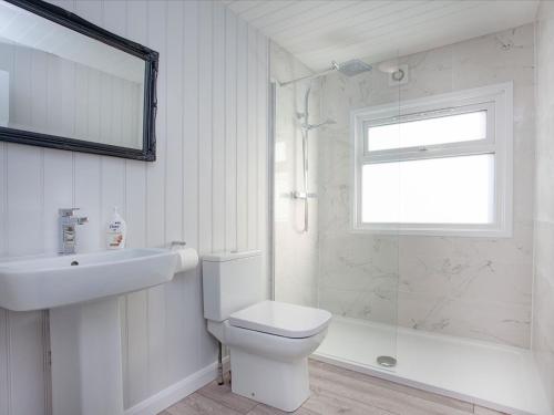 a bathroom with a toilet and a sink and a shower at Lookout Lodge-uk36700 in Newton Abbot