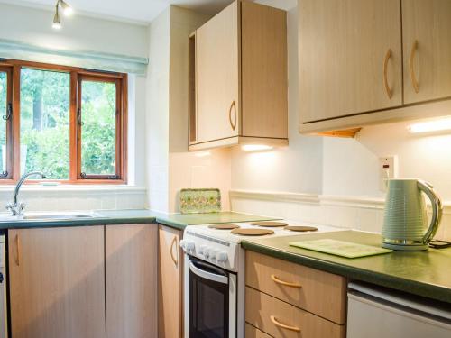 a kitchen with wooden cabinets and a stove top oven at The Hill Cottage Apartment in Wollaston