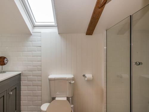 a white bathroom with a toilet and a shower at Clematis Cottage in Thorpe Market