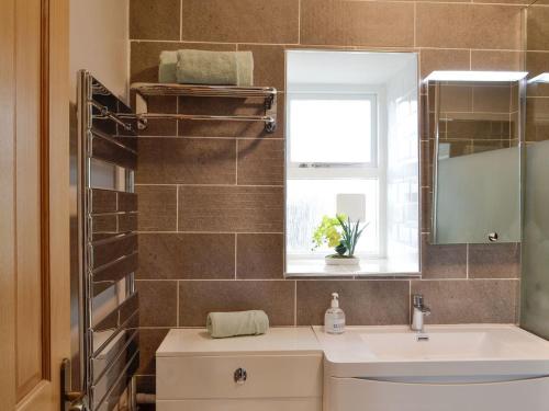 bagno con lavandino e specchio di The Apartment a Brecon