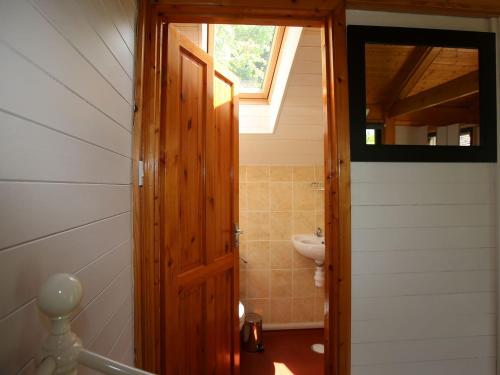 a bathroom with a wooden door and a sink at Red Lodge - Uk10988 in Llandogo