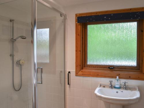 a bathroom with a sink and a shower with a window at Red Kite Lodge - Uk37417 in Legbourne