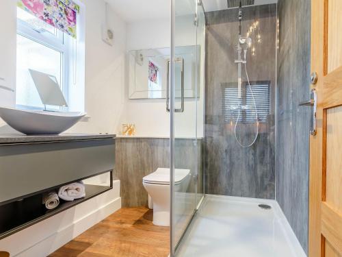 a bathroom with a shower and a toilet at Little Orchard in Worlington