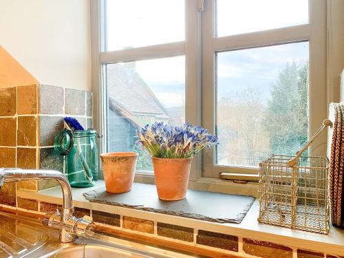 two vases sitting on a counter next to a window at Larkhams Loft in Teffont Magna