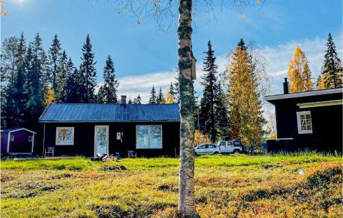 a black house in a field with a tree at Pet Friendly Home In Rosvik With Wifi in Rosvik