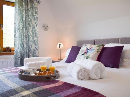 une chambre d'hôtel avec un plateau de nourriture sur un lit dans l'établissement Mill Pond View, à Ceres