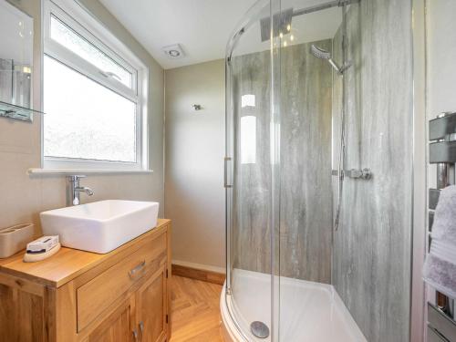 a bathroom with a glass shower and a sink at Meadowcroft in Bettws Disserth