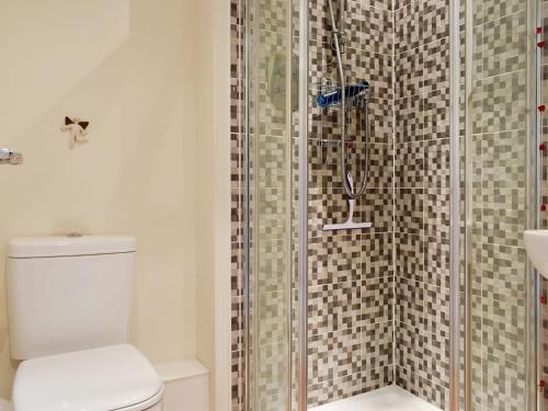 a bathroom with a shower with a toilet and a sink at Elizabeth House in Bampton