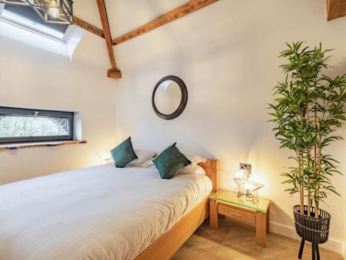 a bedroom with a bed and a mirror on the wall at The Barn Owl - Uk36217 in Bowness-on-Solway